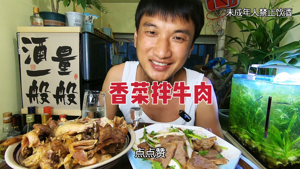 香菜拌牛肉加香酥炸鸡下酒太香了！喝一壶清香年代过瘾