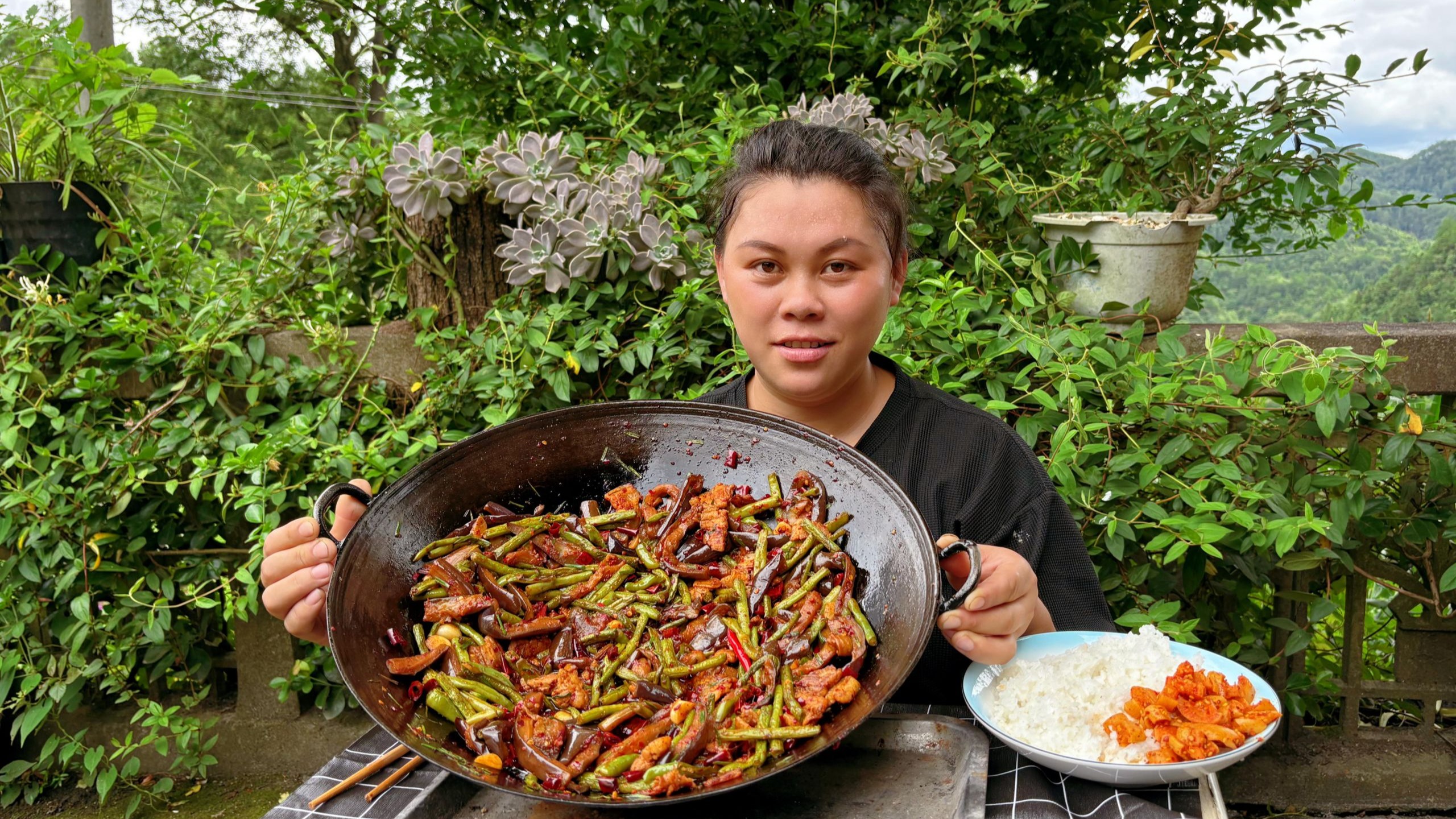 今天摘了很多豇豆和茄子，做一锅香辣美味的下饭菜