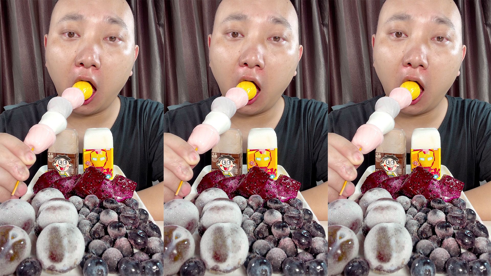 吃冰冻蓝莓，冰冻李子，冰冻火龙果，冰冻果冻，旺仔巧克力奶冰，QQ星奶