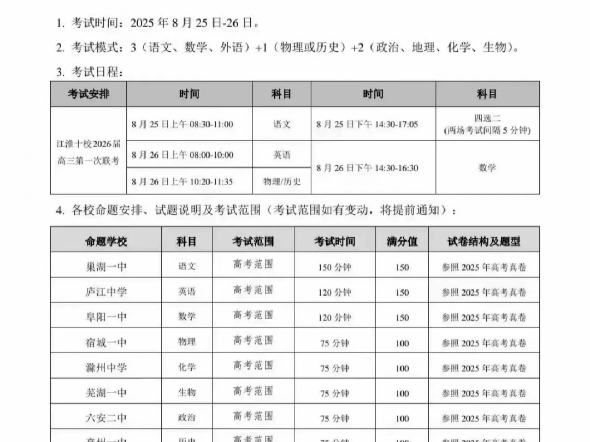 江淮十校联考，高三的学生要开学摸底考了。有需要可以加我有考