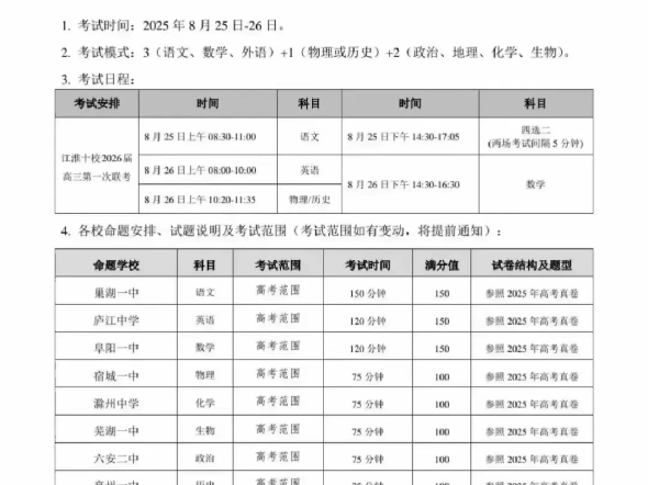 江淮十校联考，高三的学生要开学摸底考了，加油。有需要的可以加