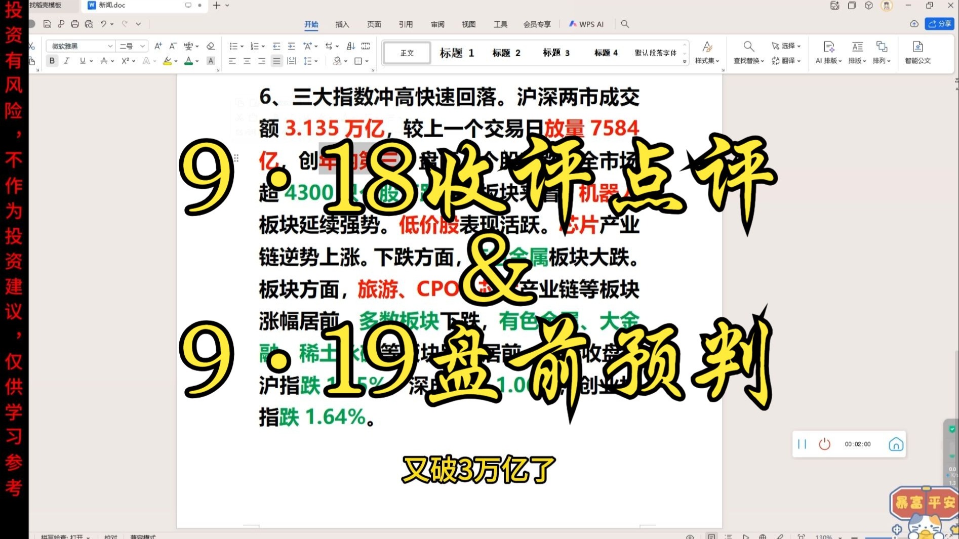 A股9.18收评点评+9.19盘前预判：银行证券砸盘致 阴跳水！牛市真