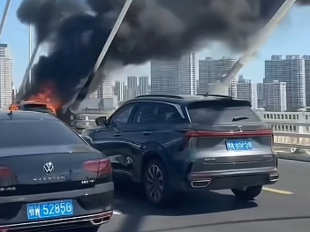 武汉二七长江大桥桥面一辆自家车自燃