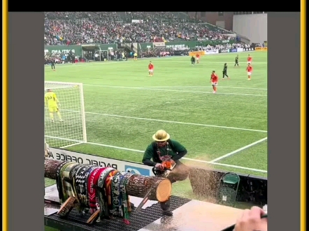 这位国外大叔，为什么要在足球比赛的现场锯木头，看起来很奇怪 #