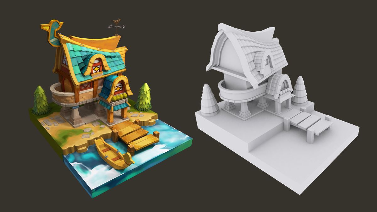 【3DMAX场景建模】卡通河边小木屋场景制作，适合初学者学的入