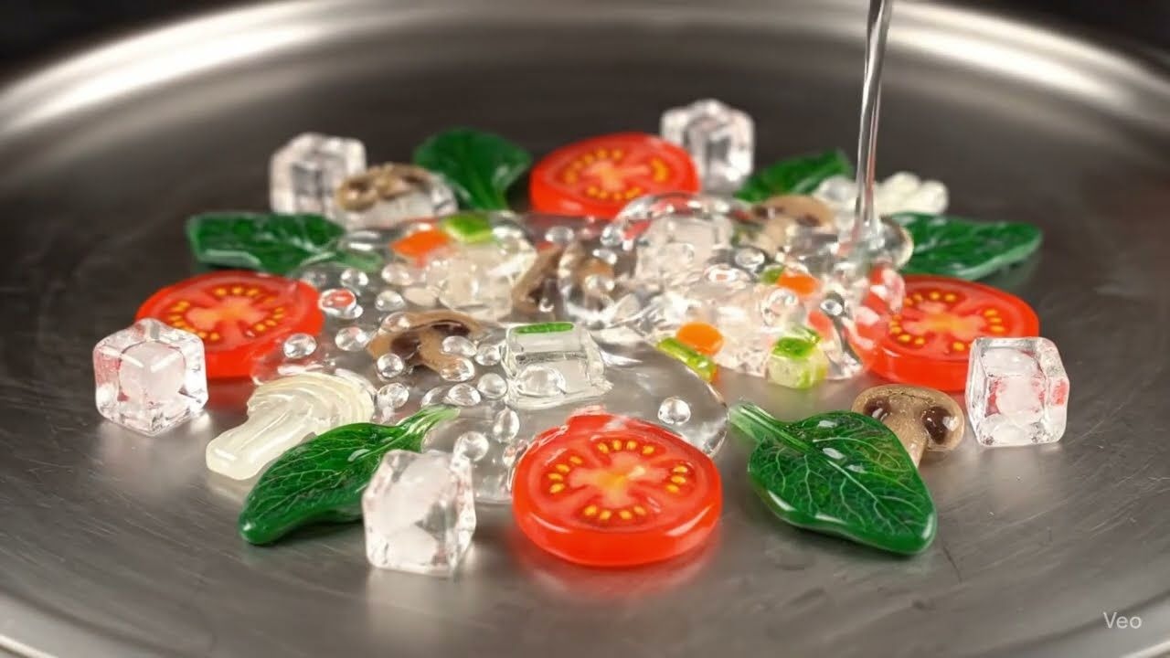 AI视频 享受烹制玻璃青椒番茄菠菜鸡蛋蘑菇的过程