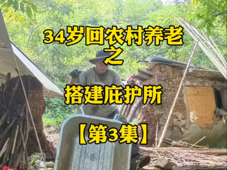 34岁回农村养老，搭建石头庇护所第三天