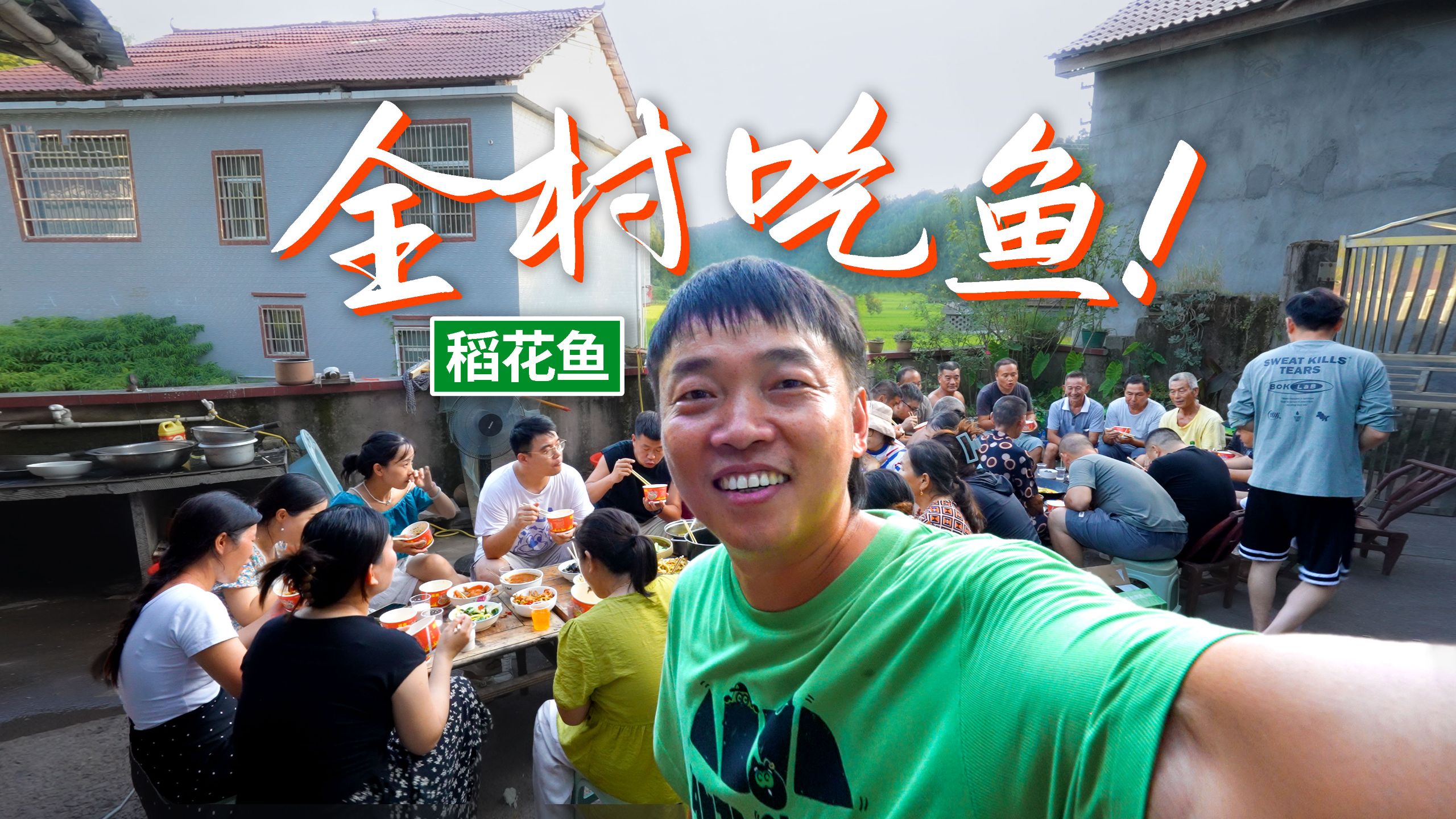 今天抓自家的稻花鱼，大人小孩齐下田，场面热闹，全村吃鱼！