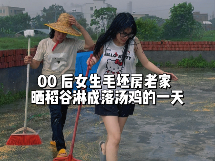 00 后女生毛坯房老家晒稻谷淋成落汤鸡的一天