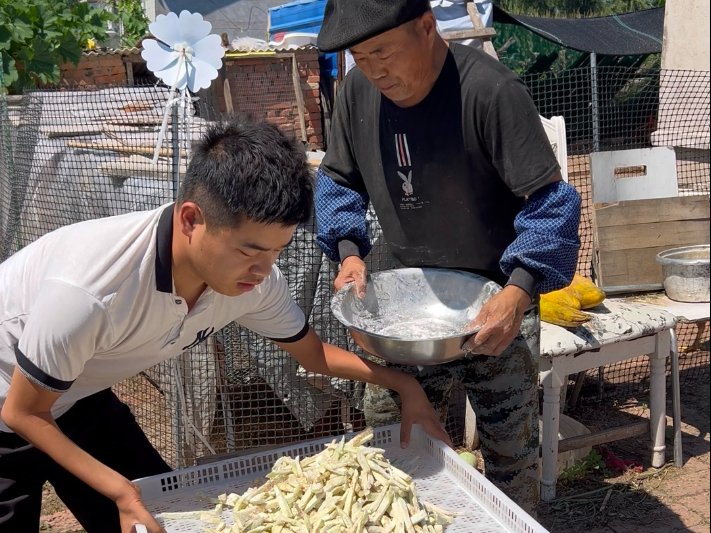 万里无云的大晴天，强爸开始晒茄子条，晾干以后留着冬天吃