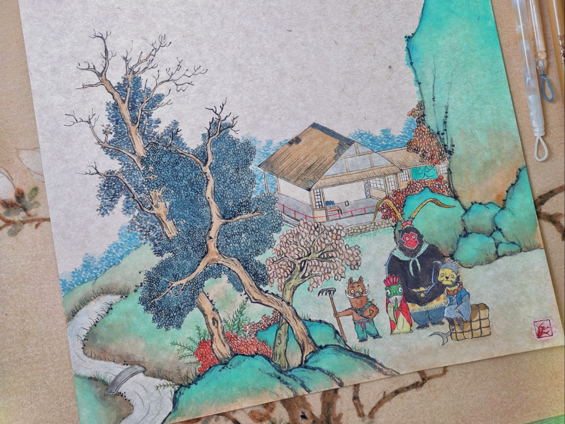 浪浪山小妖怪们进青绿山水啦（附调色）～最后选择画了个印章，下次盖