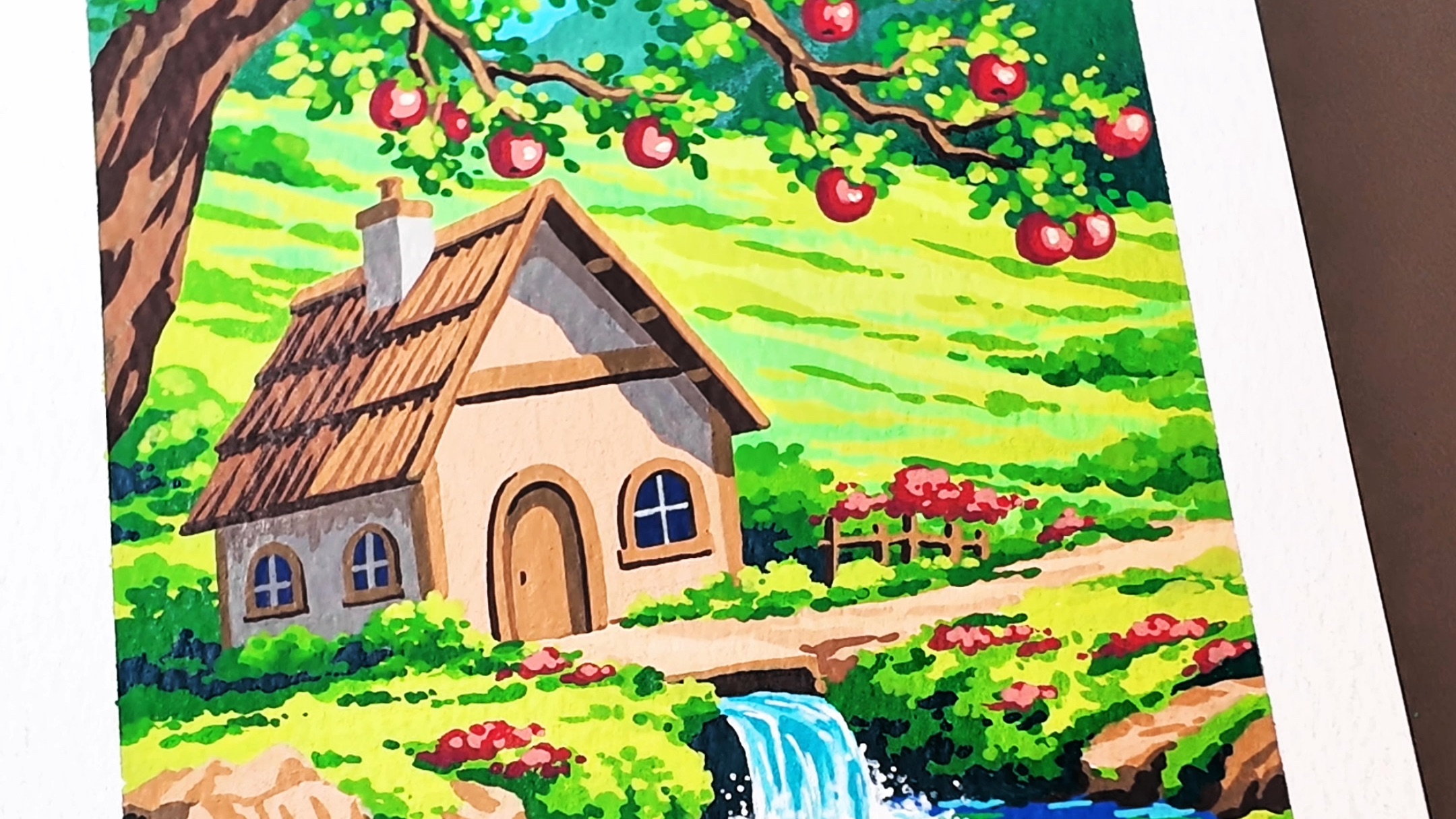 丙烯马克笔手绘果树溪水旁，一起来画画吧