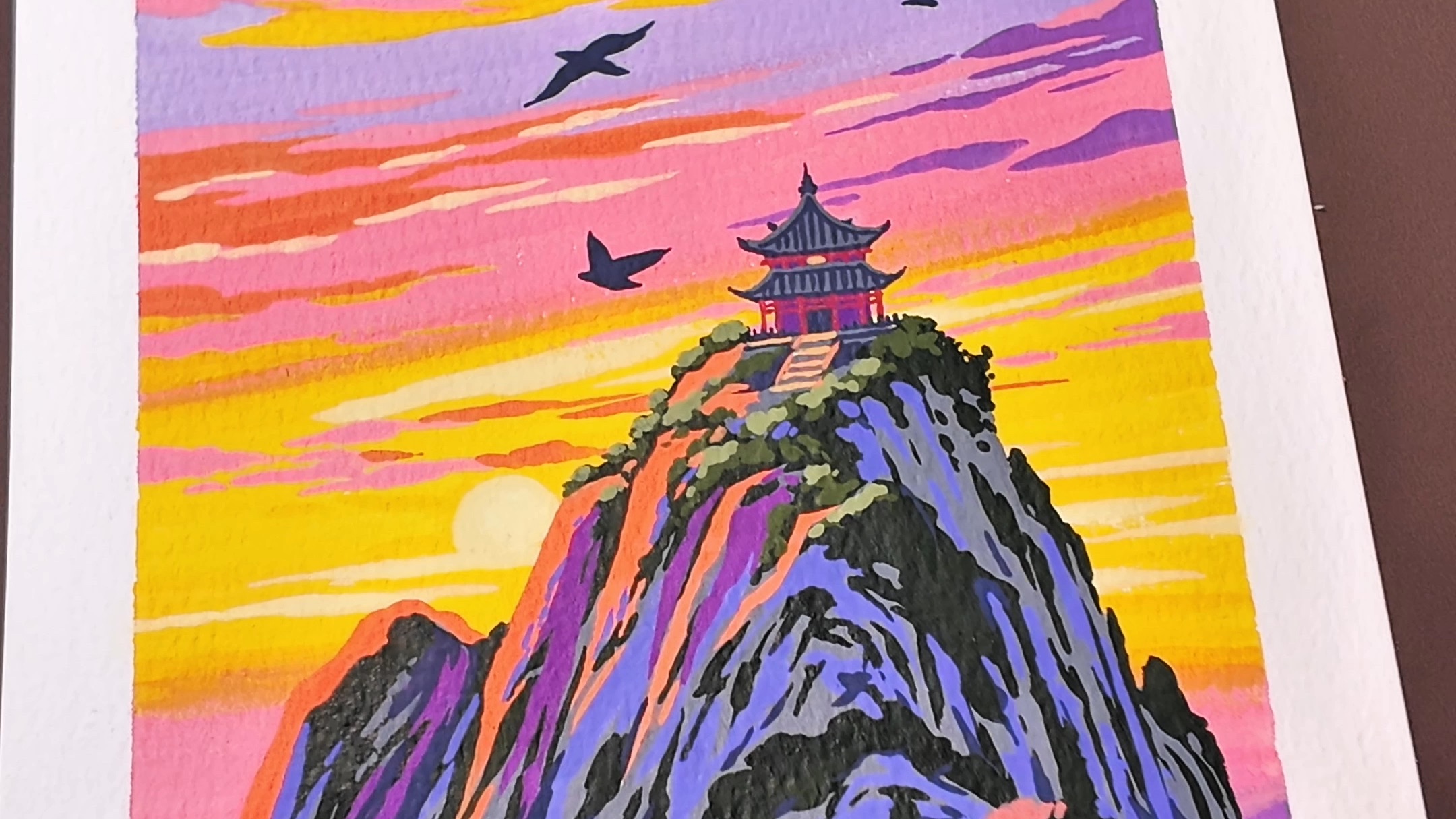 丙烯马克笔手绘飞鸟伴晚亭，一起来画画吧
