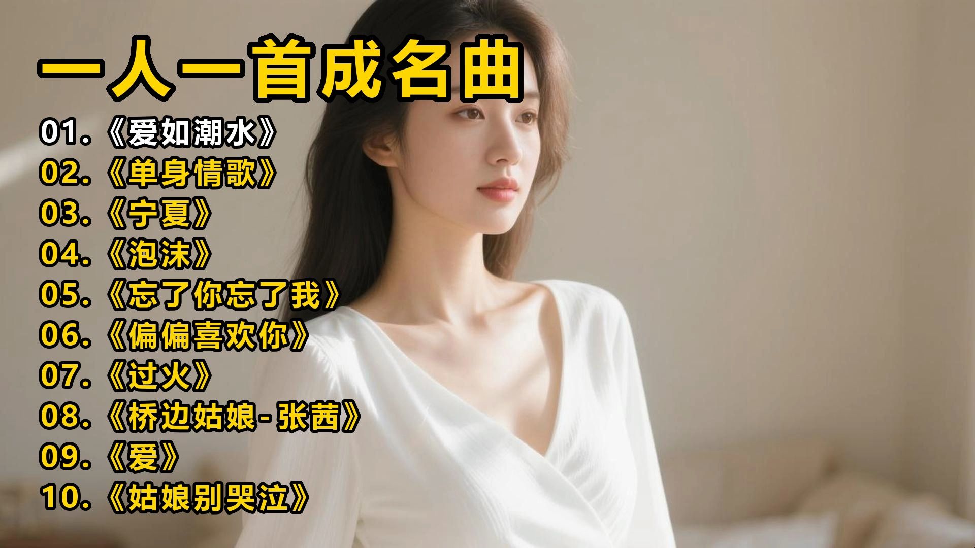 一人一首成名曲《爱如潮水》《单身情歌》《宁夏》《泡沫》《