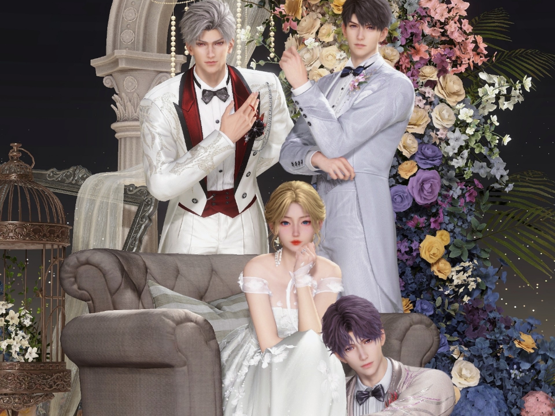 三位男同志向女同志靠近一点，多推的结婚照就是要整整齐齐