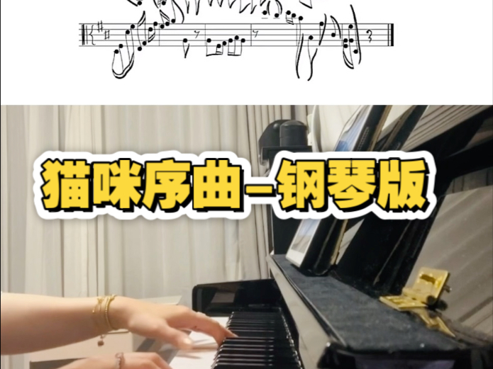小猫的爪子轻踏出中音谱表上的可爱音符，用钢琴演奏看看？