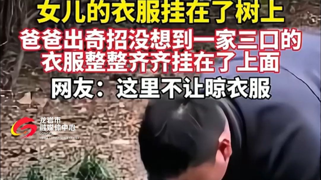 女儿的衣服挂在了树上，爸爸出奇招没想到一家三口的衣服整整齐