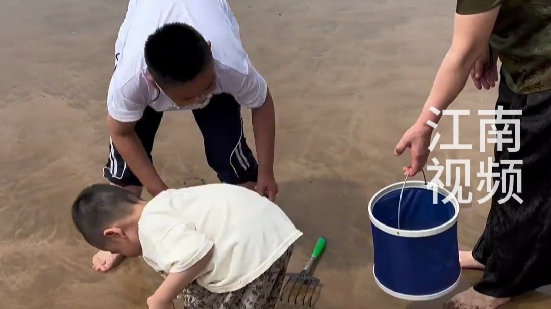 8月4日（发布）山东，爸爸带孩子赶海 ，漫不经心从包里掏出海鲜扔在