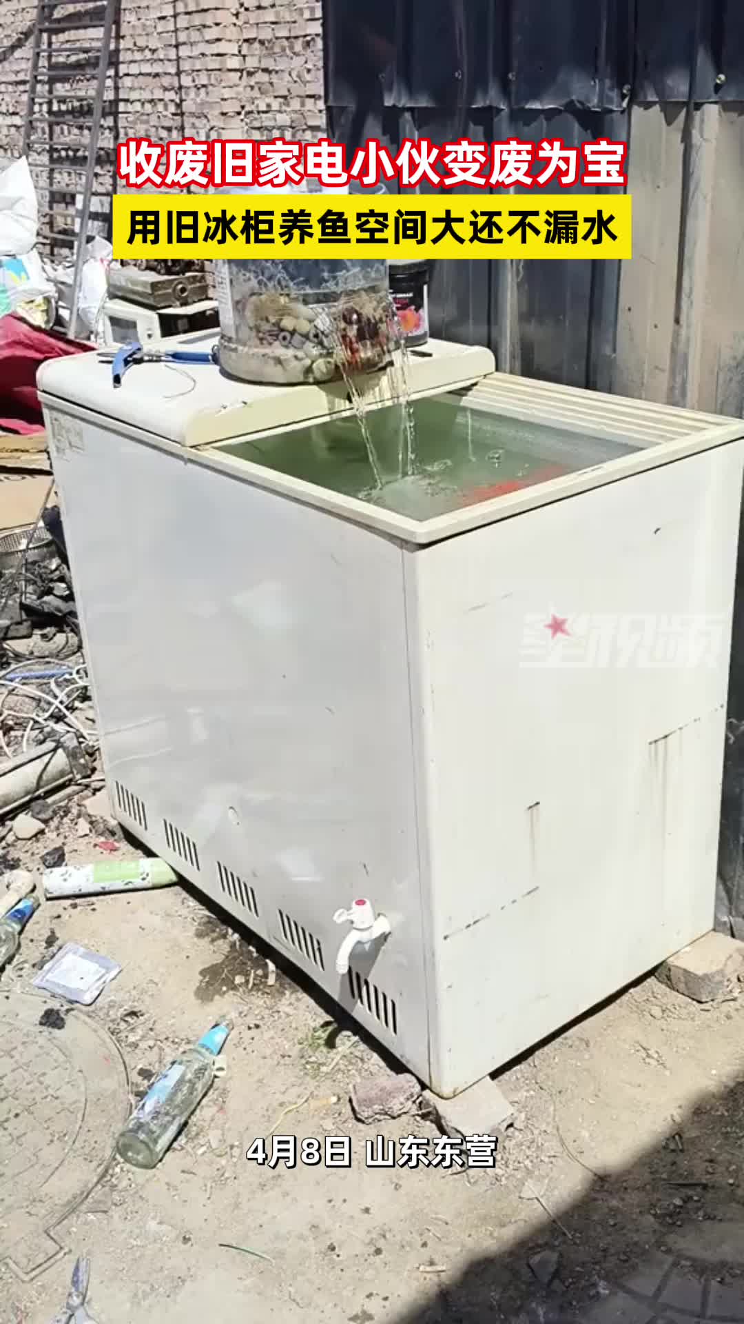 收废旧家电小伙变废为宝，用旧冰柜养鱼空间大还不漏水！