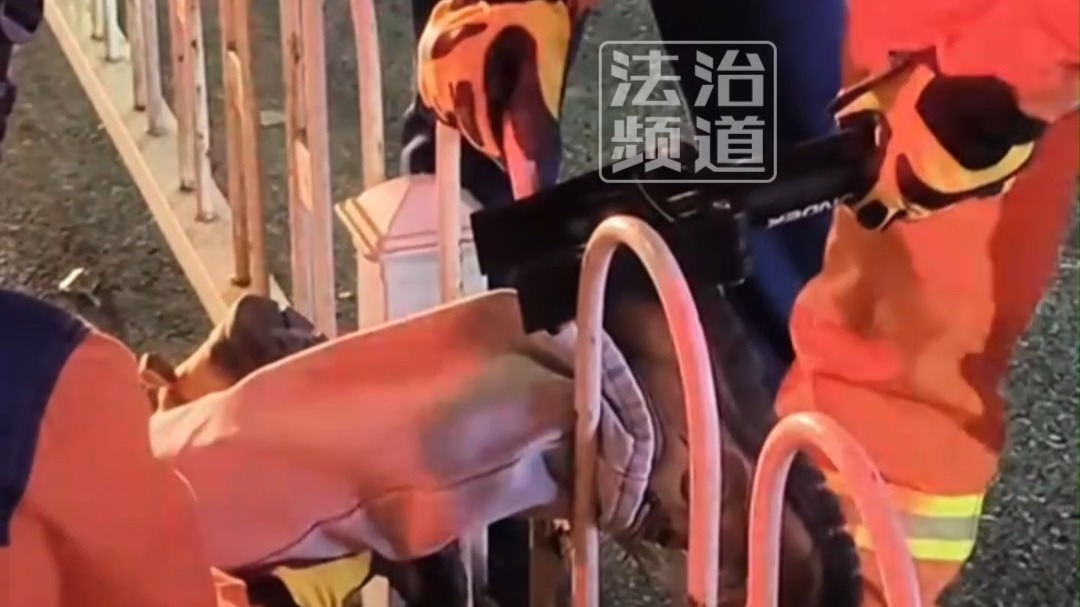 过马路时卡护栏，消防员紧急施救 网友：大型“社死”现场