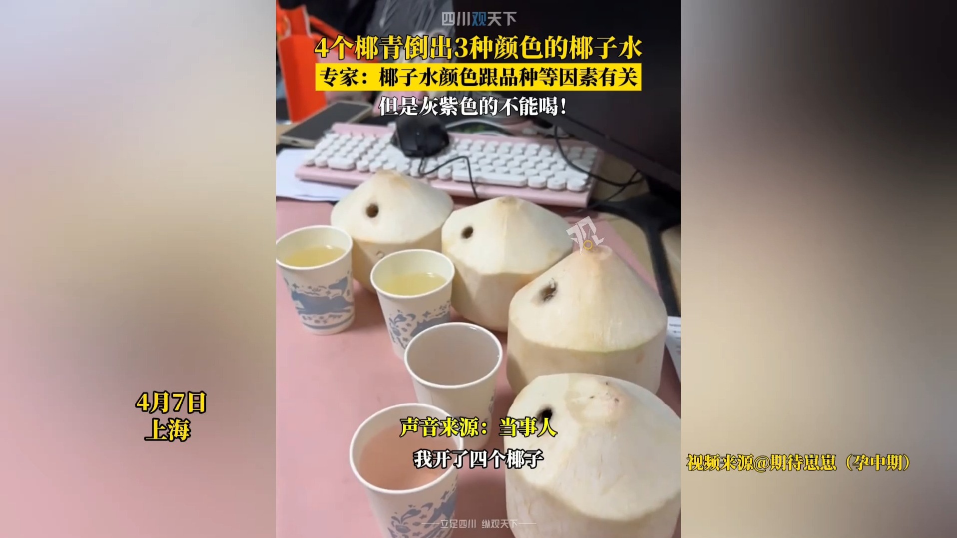 注意！4个椰青倒出3种颜色的椰子水，专家提示灰紫色的不能喝！