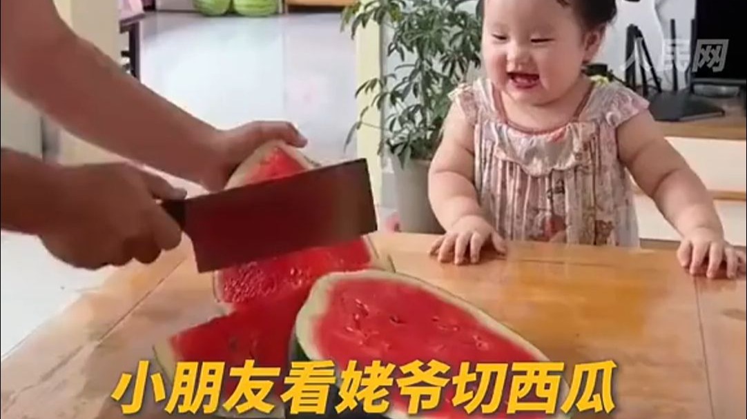 “啊～”小朋友看姥爷切西瓜，每一刀都有甜甜的回应！网友：宝宝的每