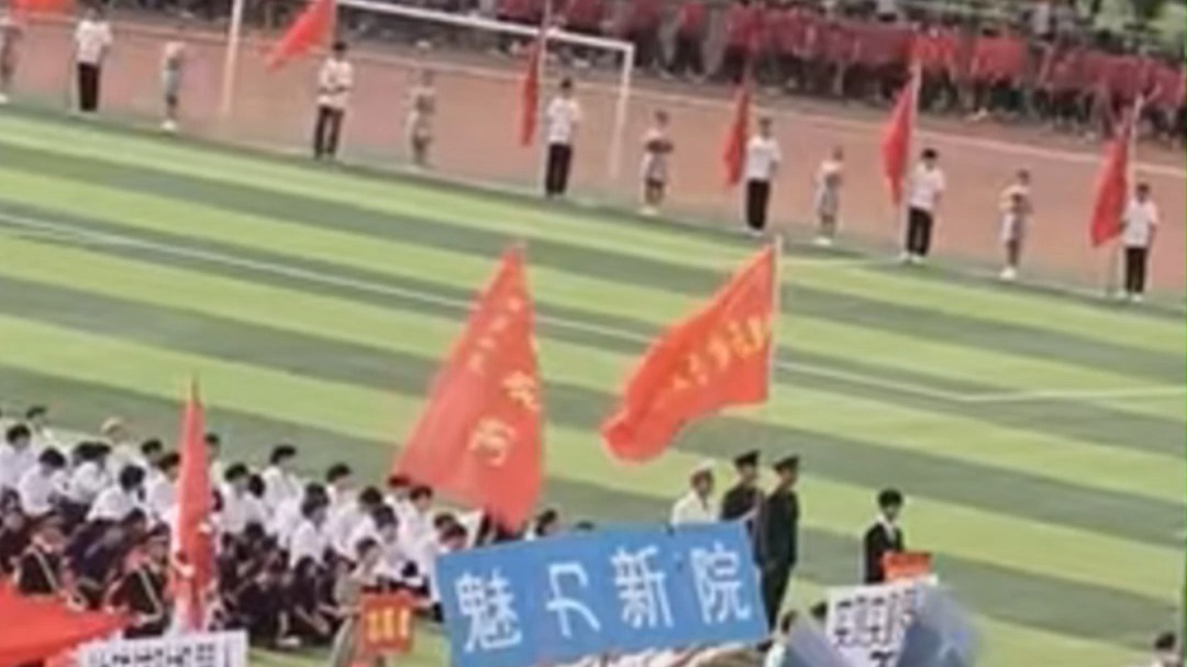 高校运动会开幕式上，大学生整齐列队表演却举反了牌子，网友：这充