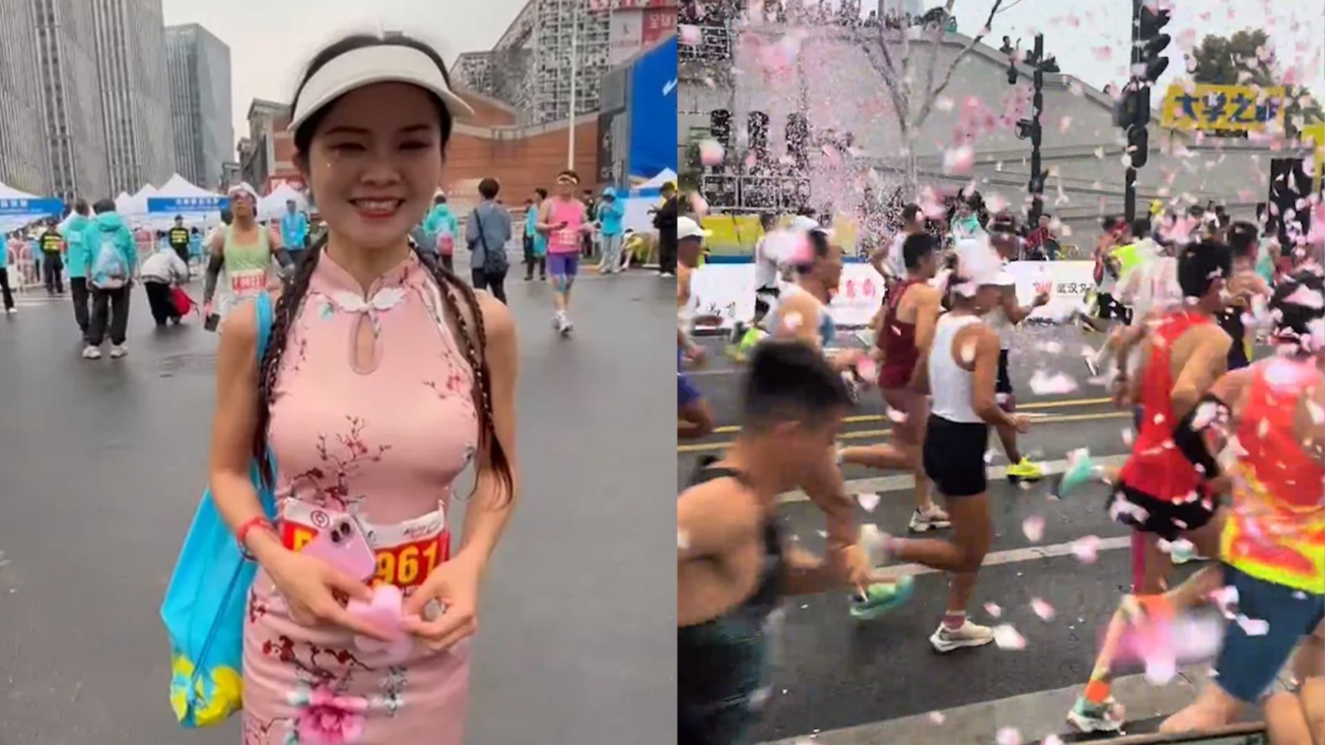女跑者穿樱花旗袍参加汉马：为比赛专门去编了头发，半马成绩应该