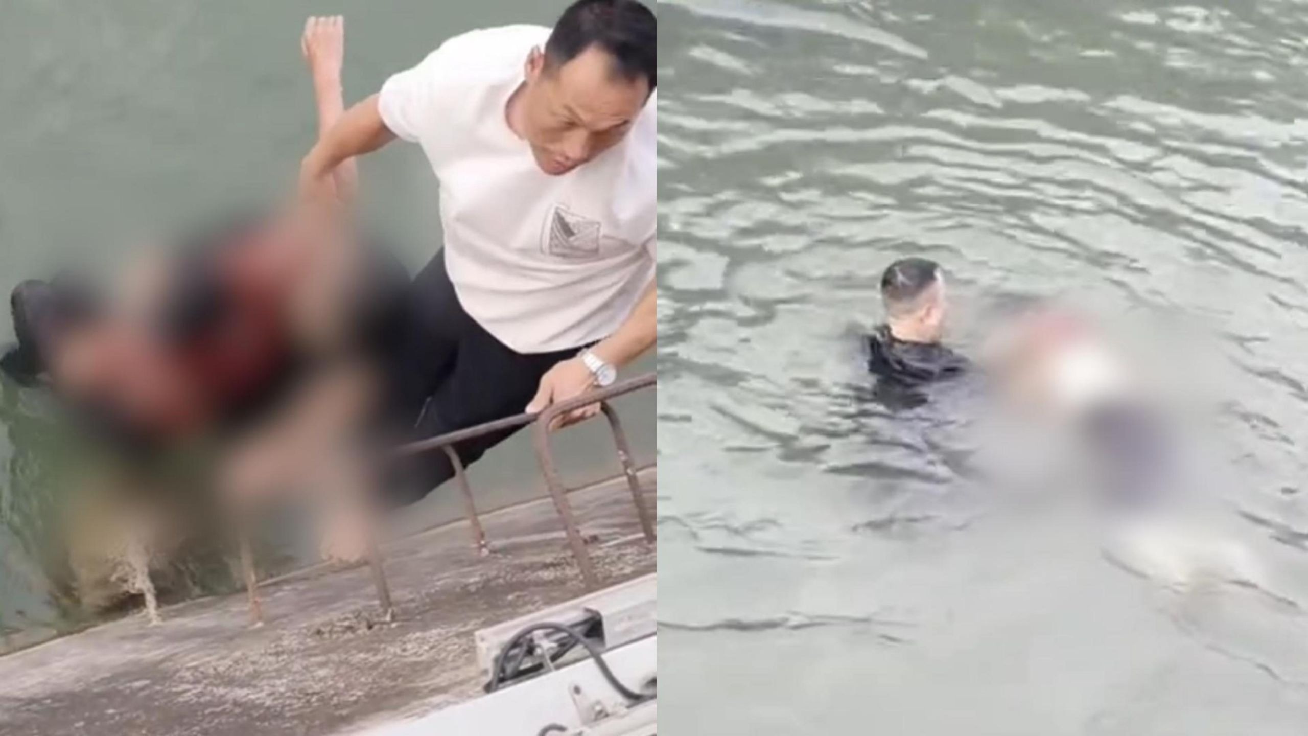 女子落水脸朝下飘在水面上，男子二话不说跳入救人，男子朋友：他游