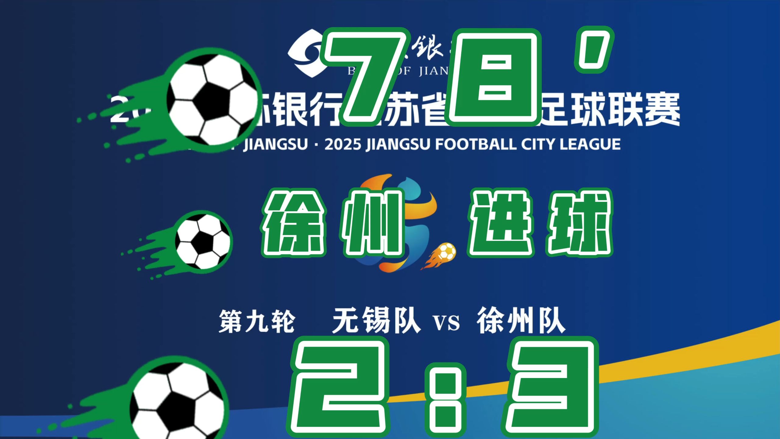 苏超第九轮.无锡VS徐州.78分钟.徐州队乔宇进球.改写比分2：3