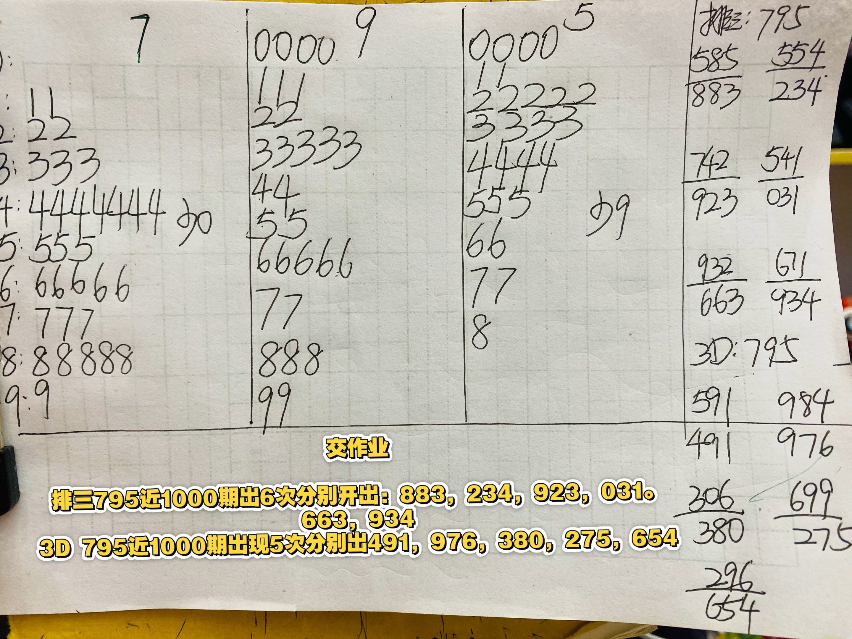 交作业795开出7头近300期未出现0，十位5开出近300期未出9排三7
