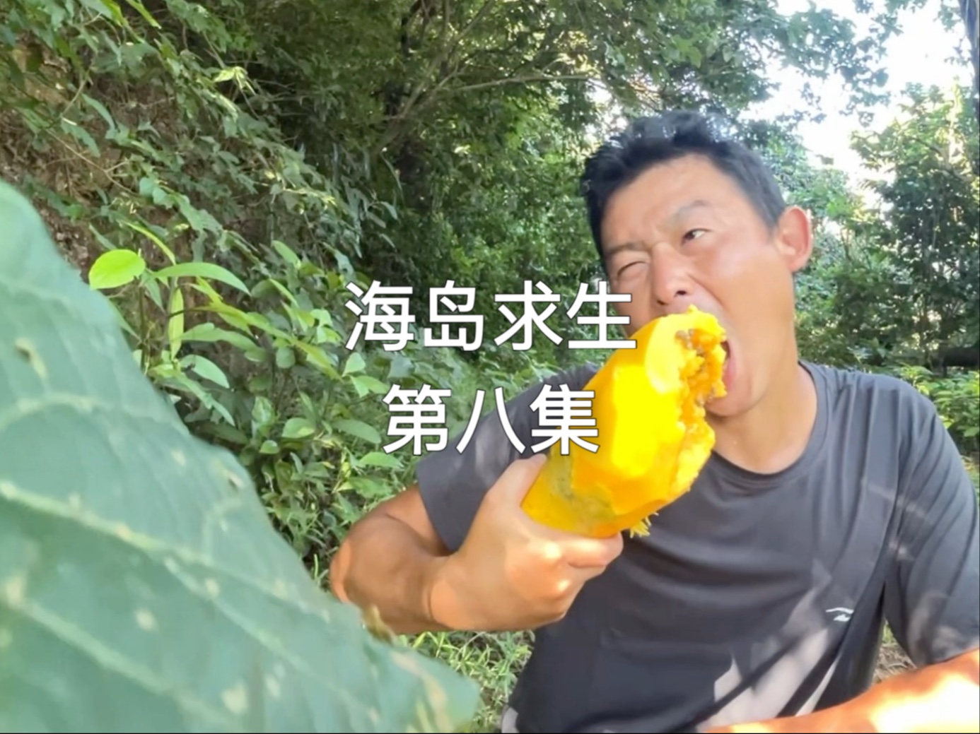这个小伙在荒岛求生，寻找到了很多水果，还有花甲